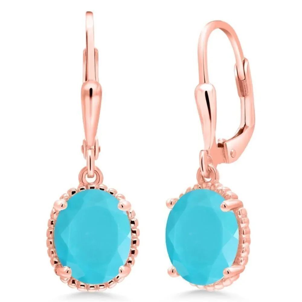 18K Rose Gold 925 with 3.00 Cttw Blue Turquoise Oval Leverback Hook Earrings